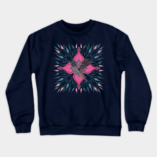 Hummingbird Vibrant Pink Flower and Leaves Design Crewneck Sweatshirt